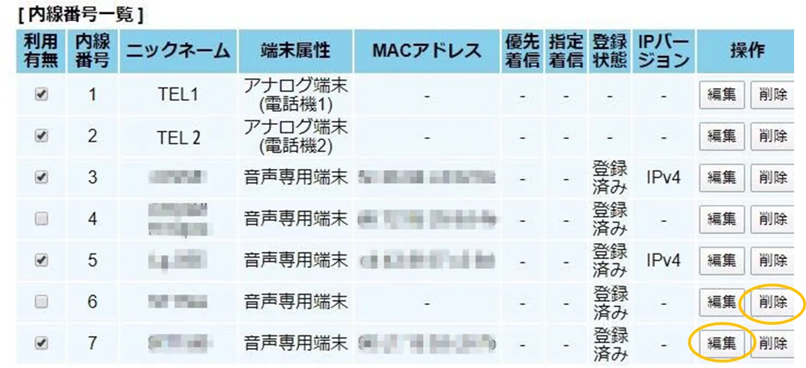 HGW(ホームゲートウェイ)の内線番号一覧画面