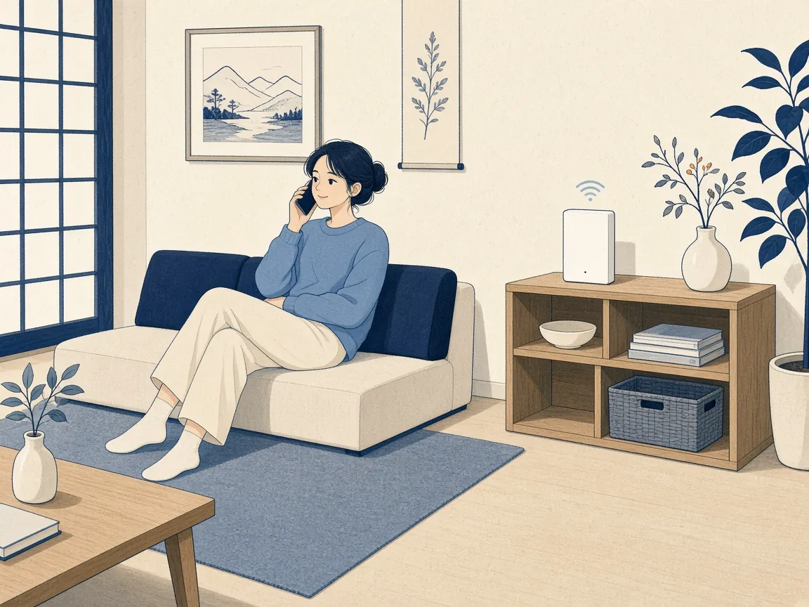 リビングのソファでスマートフォンの通話に出る人と、棚の上でWi-Fiを出すホームゲートウェイを描いたイラスト