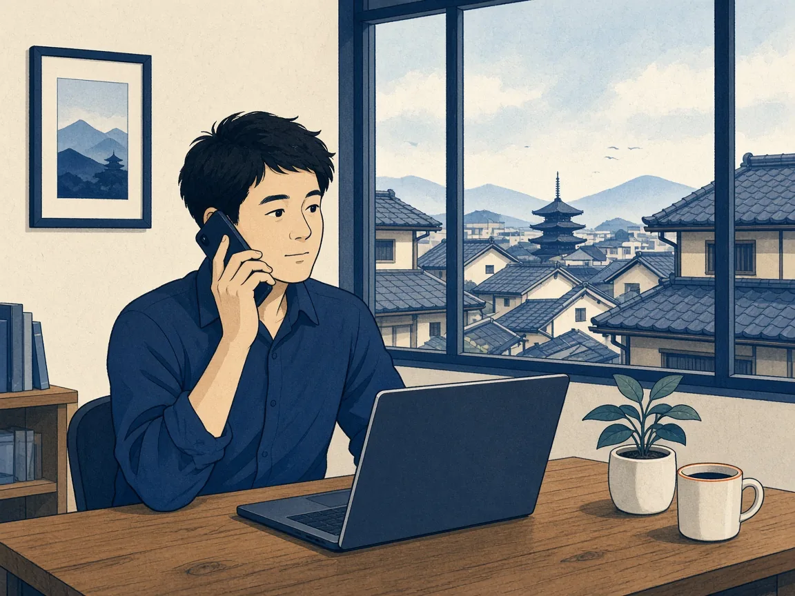 京都の町並みが見える窓辺で、ノートPCを開いてスマートフォンで通話する人のイラスト