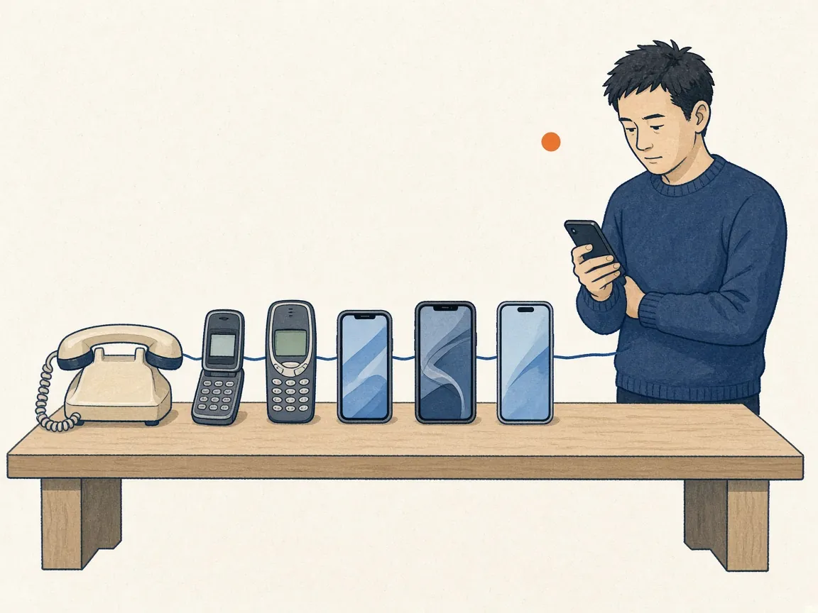 卓上に並んだ固定電話・携帯電話・スマートフォンを一本の線がつなぎ、技術者が最新のスマートフォンを確かめているイラスト
