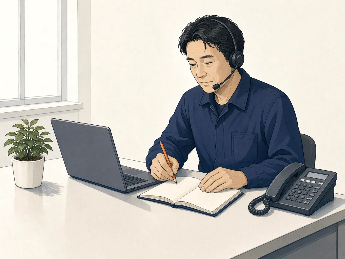 ヘッドセットで相談内容を聞き取り、ノートにメモを取る技術者のイラスト