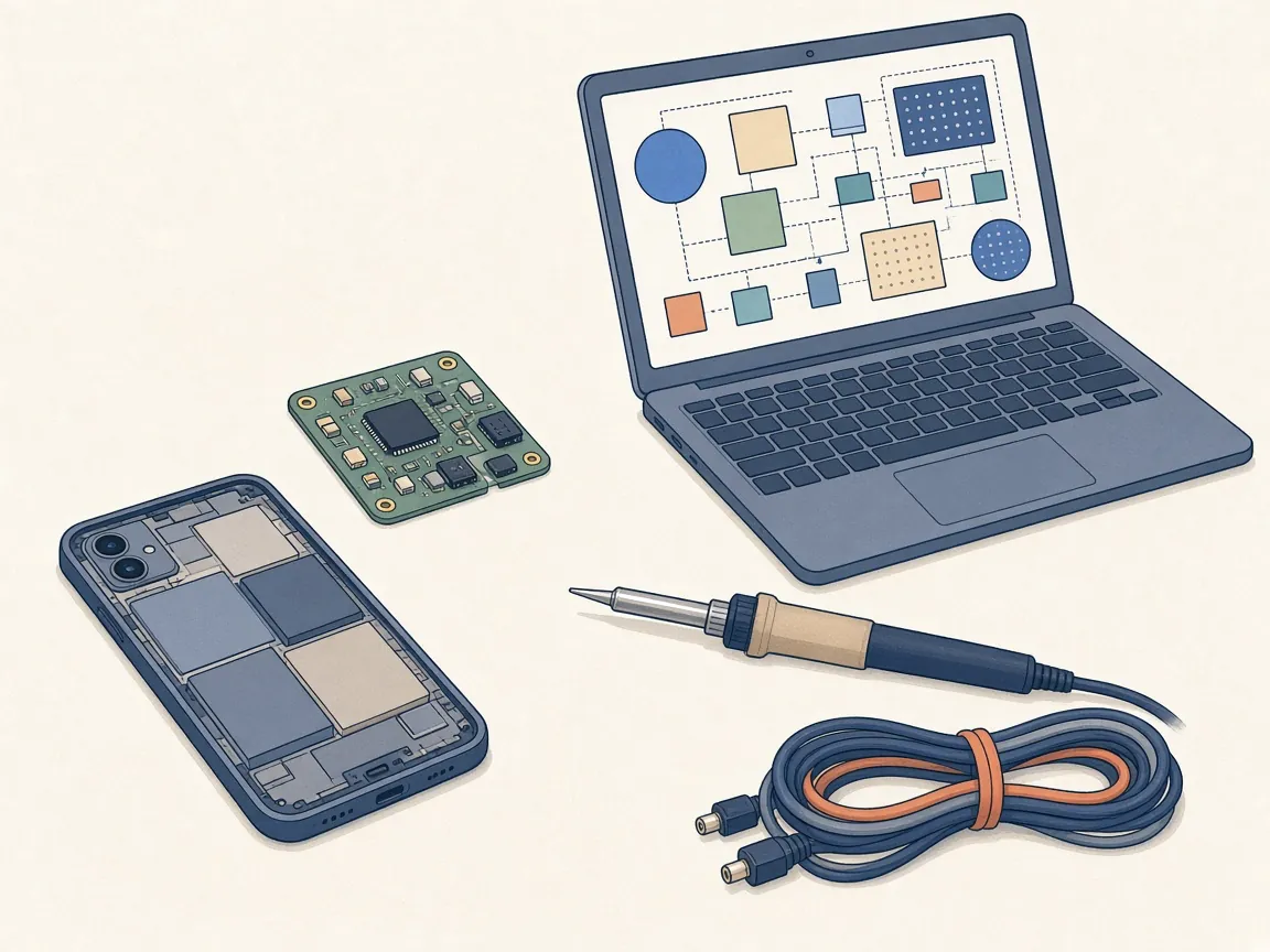 作業台で、スマートフォンの試作機・基板・コードを表示したノートPCを使って開発を進める様子のイラスト