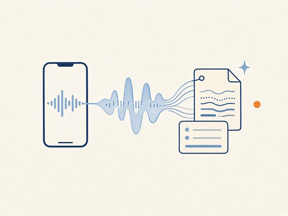 通話の音声波形が、文書と要約のカードへ変わっていく様子のイラスト