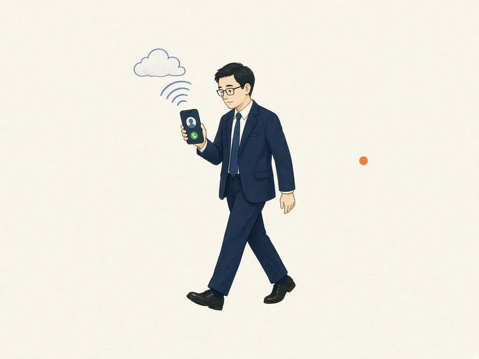 外出中の会社員のスマートフォンに、クラウドから着信が届く様子のイラスト