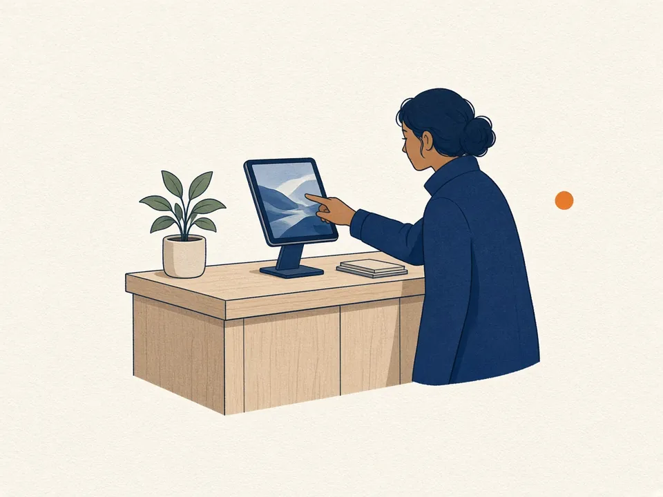 受付カウンターに置いたタブレットで、来訪者が担当者を呼び出す様子のイラスト