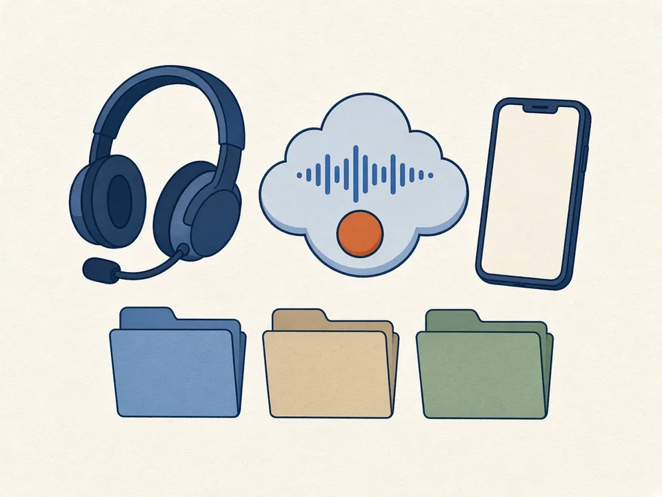 ヘッドセットとスマートフォンの通話が、クラウドに録音・保管される様子のイラスト