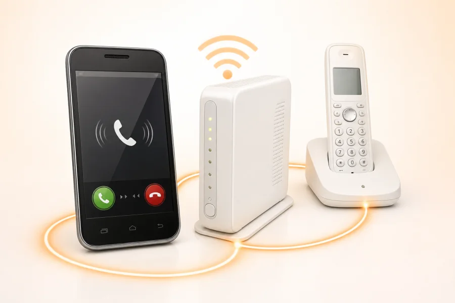 スマートフォンを自宅のWi-Fi経由でひかり電話の電話機として利用するイメージ