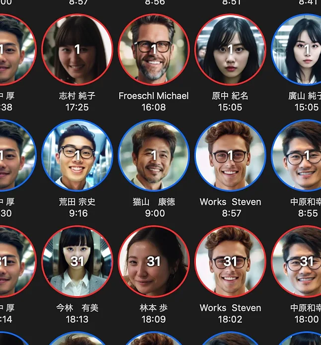 打刻データの一覧画面。メンバーの顔写真と打刻時刻が並ぶ
